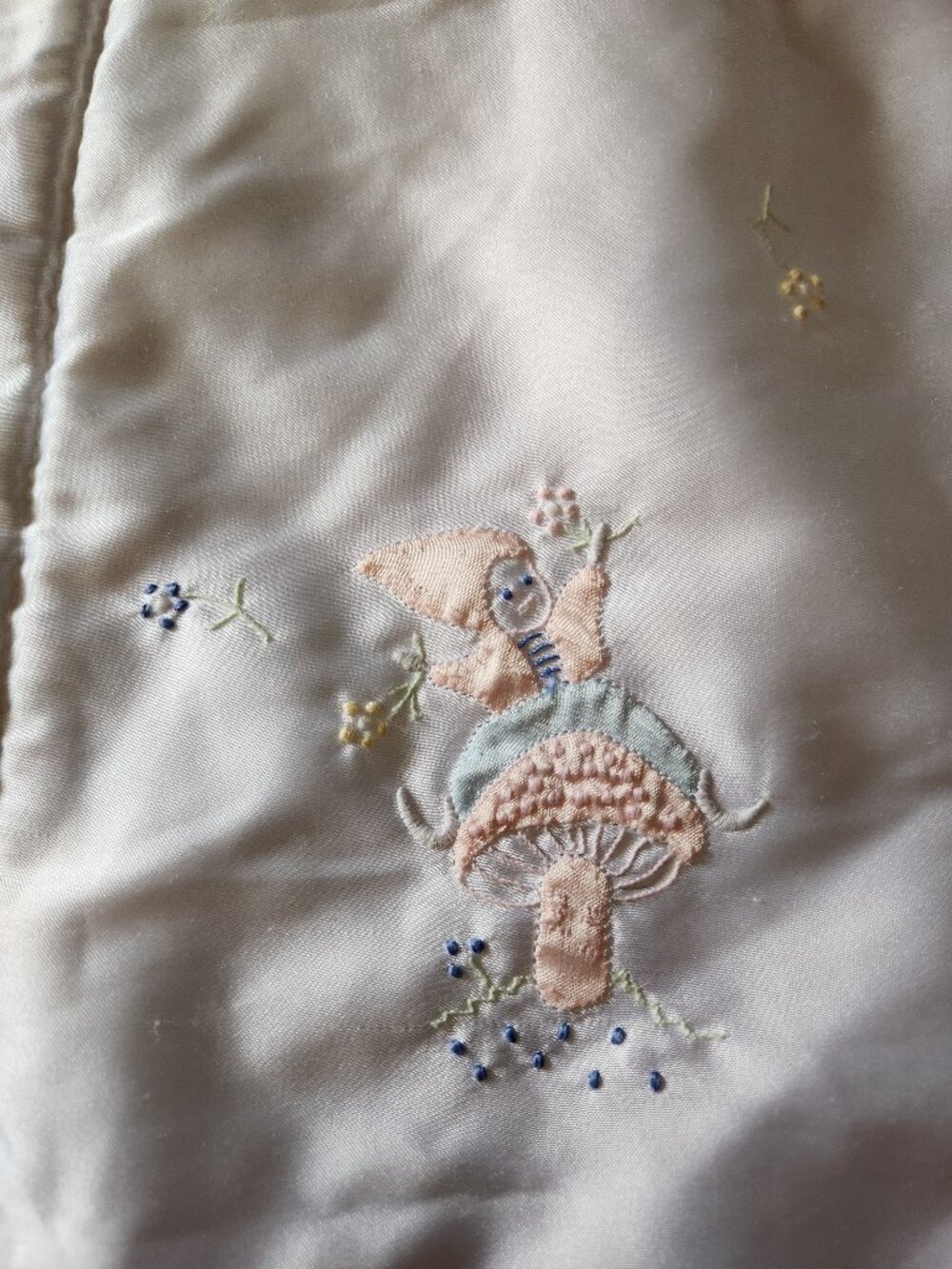 Vintage Sumersault pixie Mushroom embroidered satin baby blanket